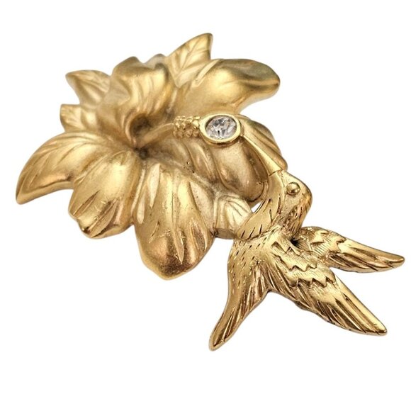 Monet Matte Gold Tone Hummingbird Flower Brooch Rhinestone Vintage Pin Signed,J1 - Picture 5 of 10
